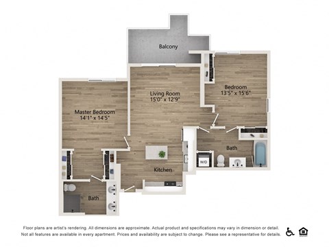Floor plan for 2 beds, 2 baths, 1288 sqft